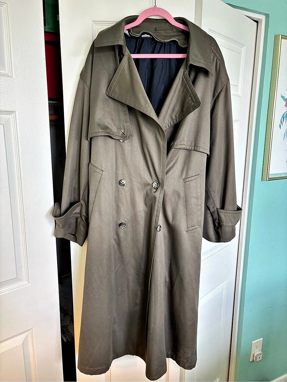London Fog Vintage Double-Breasted Trench Coat Gray Green Size 40